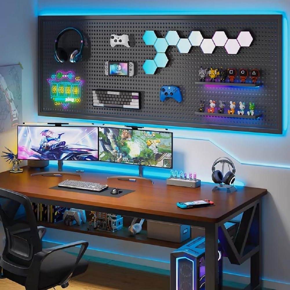 RGB Pegboard Wall Organizer with Smart IC LED Strip Lights, 2-Pack 12 x 24 Inch Heavy Duty Metal Peg Board with Hooks, DIY Gaming Room Setup Wall Mount Storage System