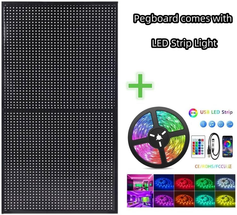 RGB Pegboard Wall Organizer with Smart IC LED Strip Lights, 2-Pack 12 x 24 Inch Heavy Duty Metal Peg Board with Hooks, DIY Gaming Room Setup Wall Mount Storage System